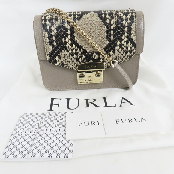 Furla Metropolis Python Pattern Leather Shoulder Bag Gray - Picture 2 of 9
